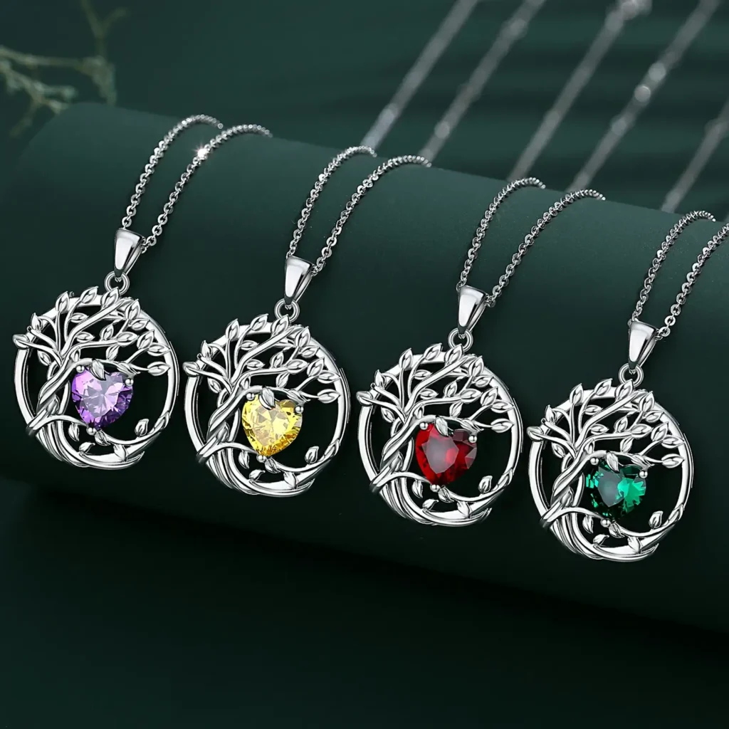 Double Layer 925 Sterling Silver Tree of Life Birthstone Necklace - 画像 (14)