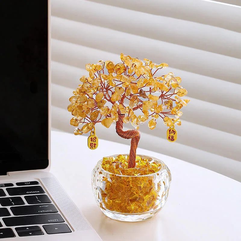 Handcrafted Yellow Aventurine Feng Shui Money Tree - 6" Bonsai With 90  Crystals For Wealth & Good