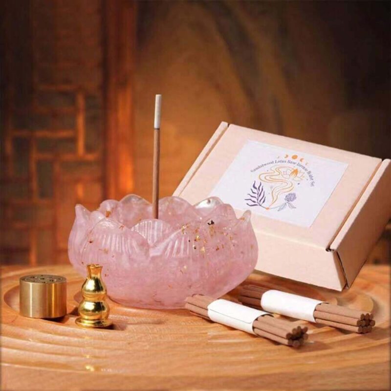 Lotus Shape Crushed Crystal Stick Incense Holder Crystal Bowl​ Set (7) rose quartz