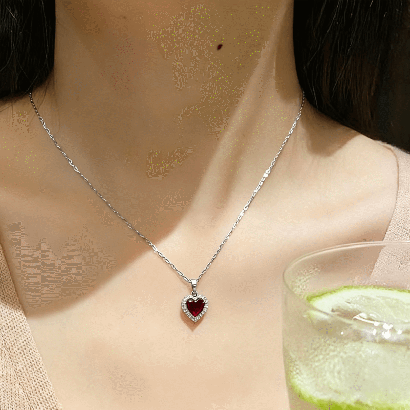 Timeless 925 Sterling Silver CZ Interlay Garnet Heart Pendant Necklace 1