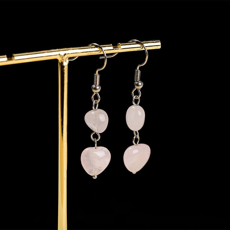Double Heart Shape Green Aventurine Drop Earrings​-rose quartz