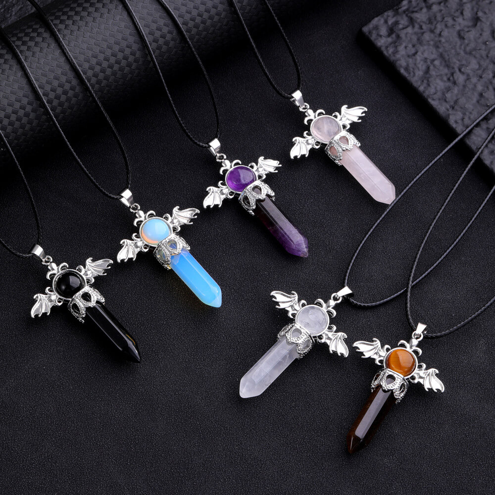Hexagonal Column Crystal Angel Wing Pendant Necklace