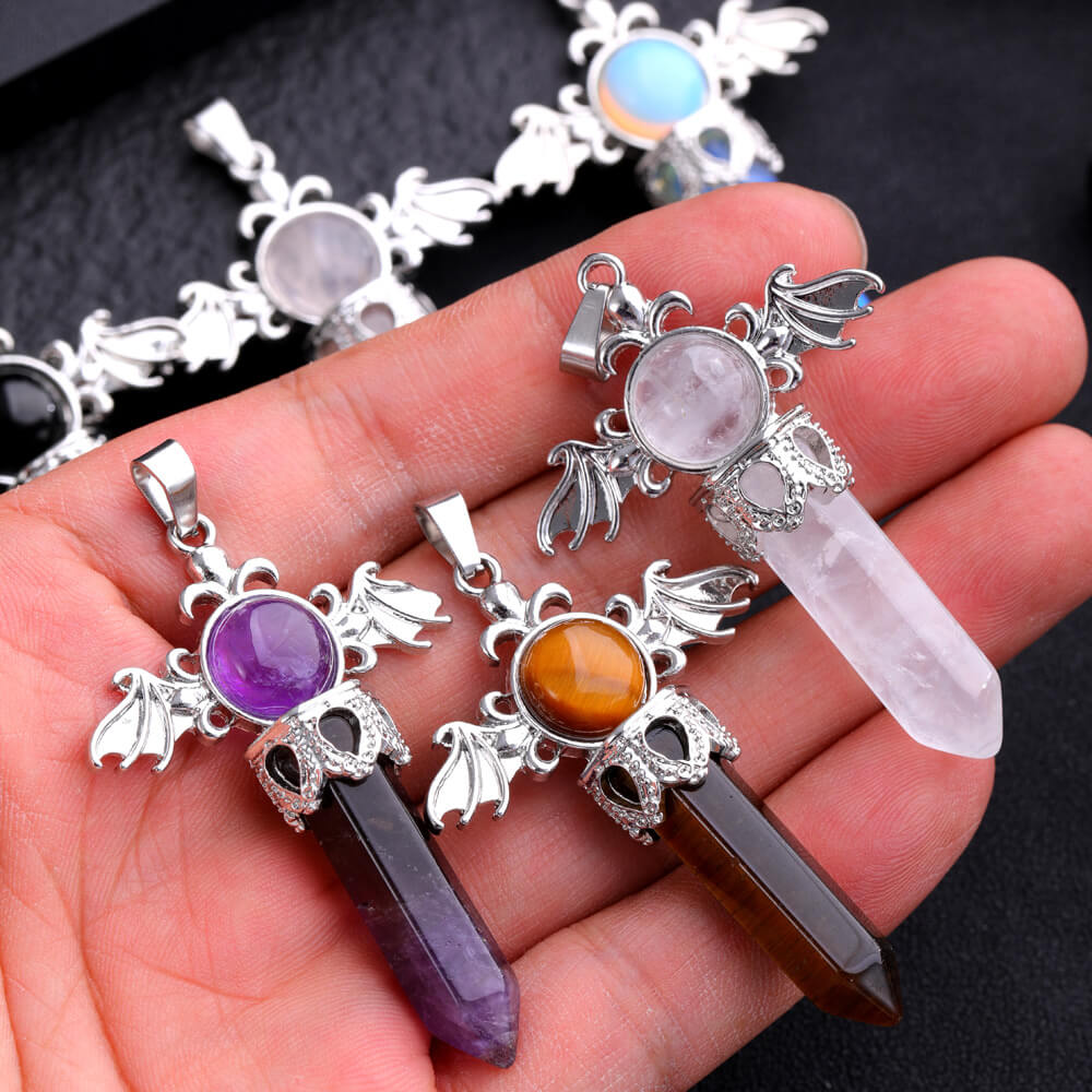 Alternative view of Hexagonal Column Crystal Angel Wing Pendant Necklace