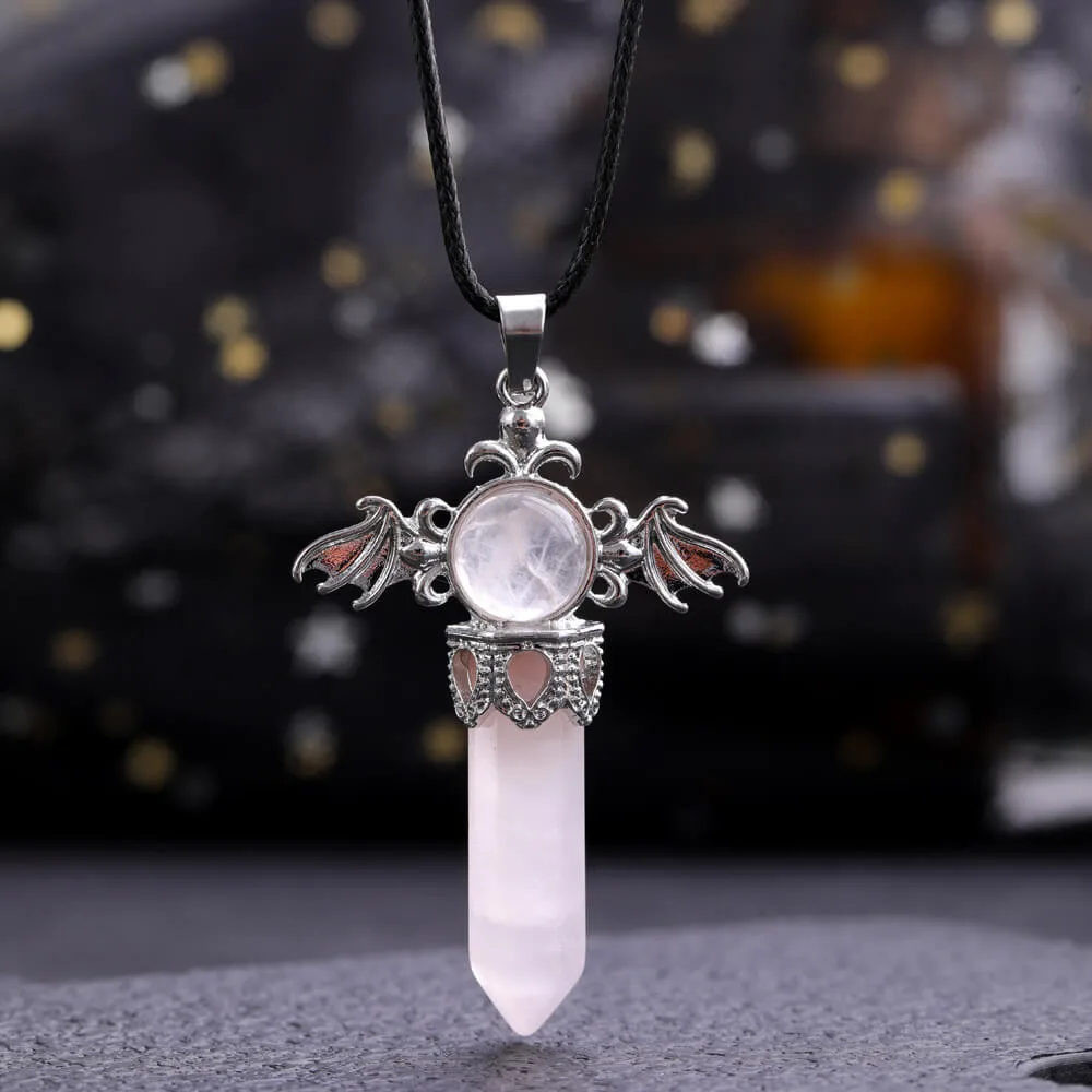 Hexagonal Column Crystal Angel Wing Pendant Necklace