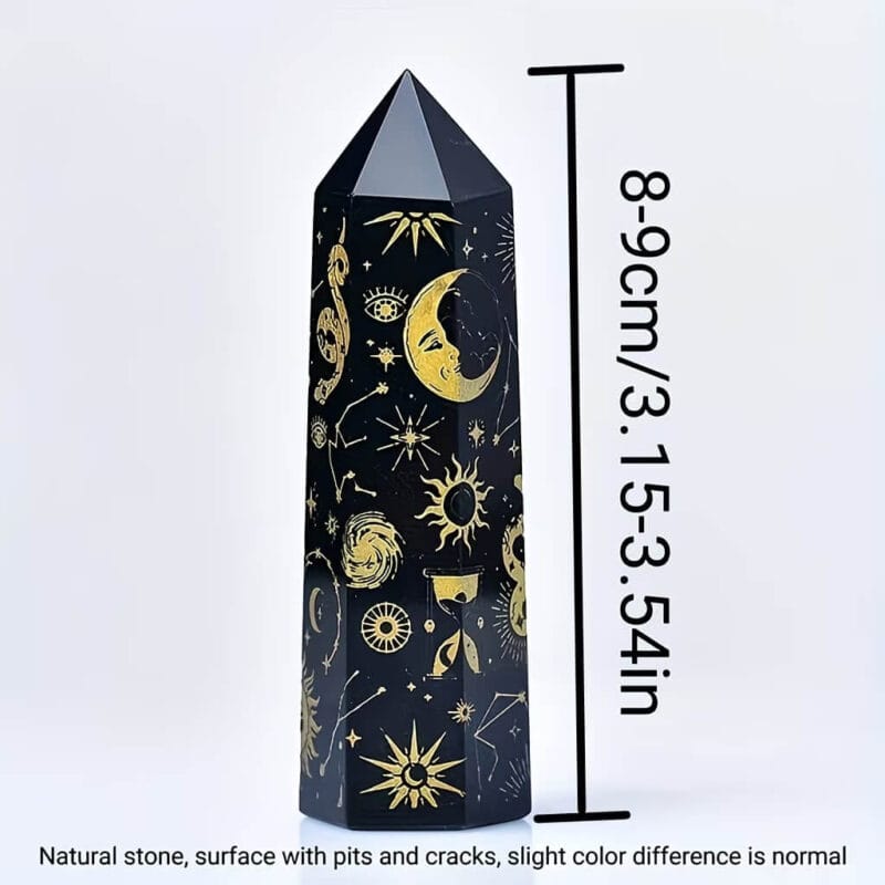 Black Obsidian Crystal Point Moon Sun Pattern 3