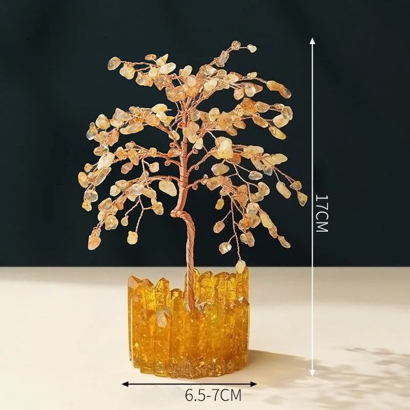 Feng Shui Citrine/Yellow Crytal Money Tree with Chinese Dragon Pots in