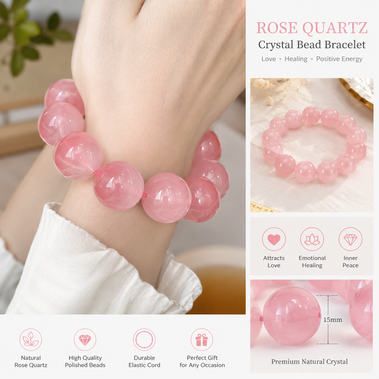 12-18mm Super Large Rose Quartz Beads Bracelet Bulk - Image 6