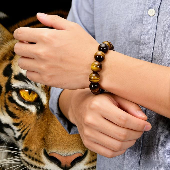 8-18mm Natural Tiger Eye Stone Men's Bracelet - Image 6