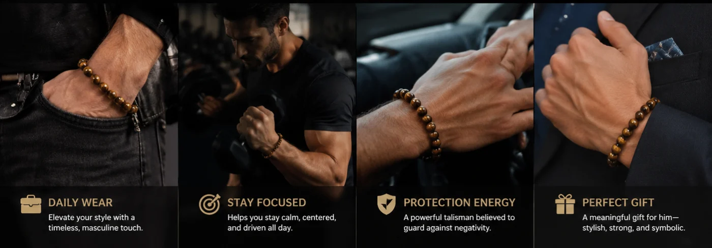 8 16mm Natural Tiger Eye Stone Mens Bracelet banner 3