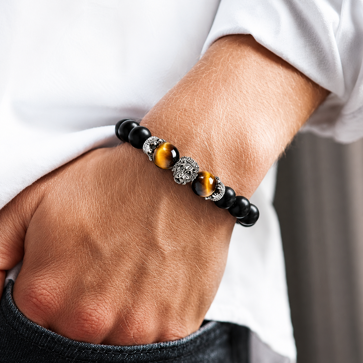 Real Tigers Eye Round Beads Bracelet for Men - Image 2